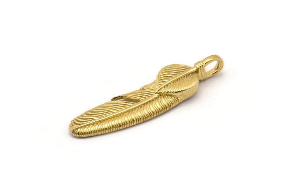 Brass Feather Pendant, 6 Raw Brass Feather Charms, Feather Pendants (35x8mm) N0415