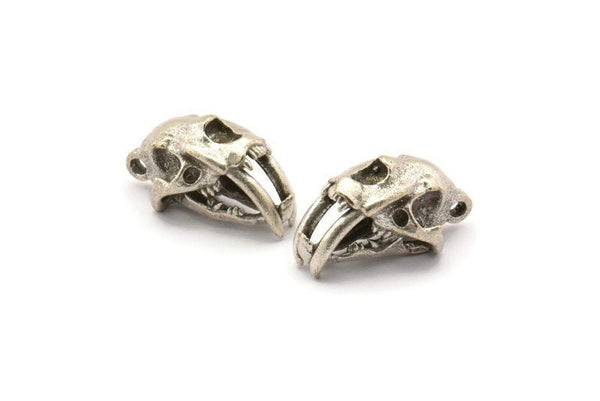 Sabre Tooth Cat, 2 Antique Sİlver Plated Brass Sabre Tooth Cat Skull Pendants, (21x11x12mm) N0485 H0166