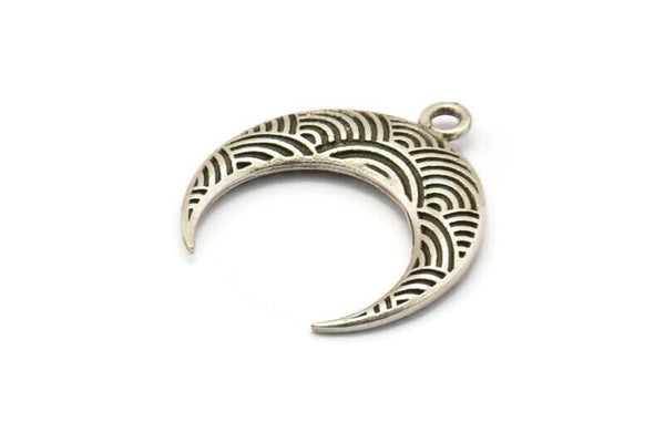 Pirinç Ay Tılsımı, 2 Antik Gümüş Kaplama Pirinç Dokulu Boynuz Tılsımı, Kolye Ucu, Mücevher Parçası (27x8.25x3.30mm) N0207