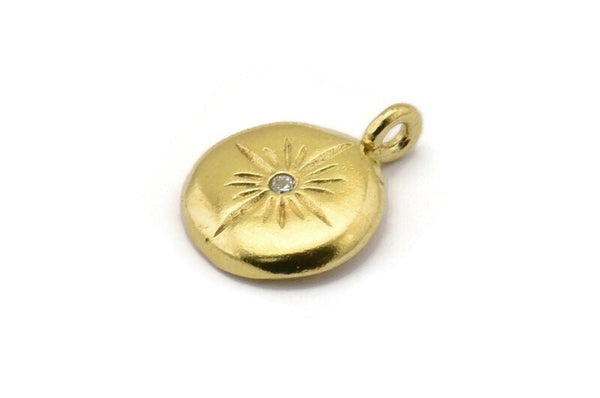 Brass Round Charm, 4 Raw Brass Round Charms With Cubic Zircon And 1 Loop, CZ Pave Circle Charm, Pendants, Earring Findings (16x13x2mm) N1800