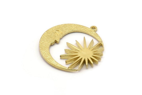 Moon and Sun, Raw Brass, Crescent Moon, Brass Sun, Charm Pendant, Brass Pendant, Brass Charm With 1 Loop (30x29x1.2mm) N1522