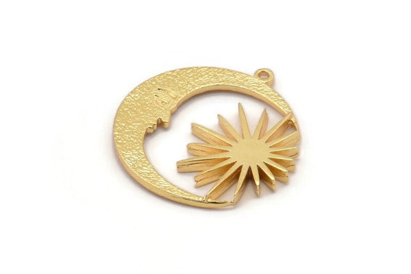 Moon and Sun, Gold Plated Brass, Crescent Moon, Gold Sun, Charm Pendant, Gold Pendant, Gold Charm With 1 Loop (30x29x1.2mm) N1522 H1374