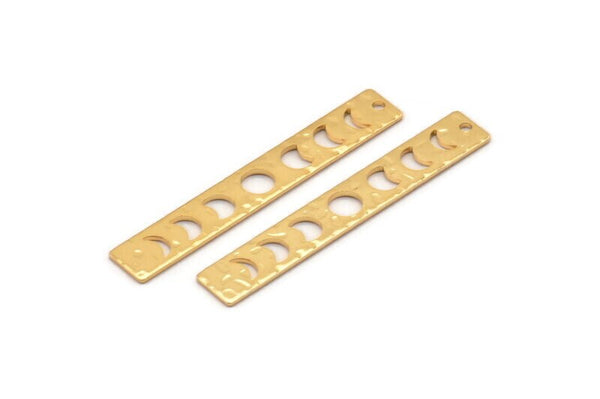 Gold Rectangle Charm, 4 Hammered Gold Plated Brass Moon Phases Charms With 1 Hole, Stamping Blanks (40x6x0.80mm) M01514