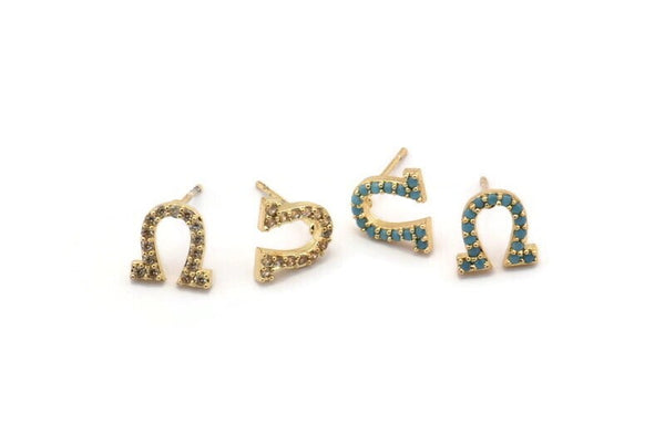 Gold Horseshoe Earring, 4 Gold Plated Brass Horseshoe Shaped Stud Earrings (9x9mm) SY0206