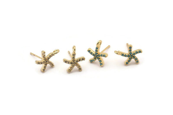 Gold Star Earring, 4 Gold Plated Brass Star Stud Earrings With 1 Loop (13x10mm) SY0211