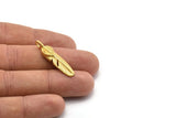Brass Feather Pendant, 6 Raw Brass Feather Charms, Feather Pendants (35x8mm) N0415