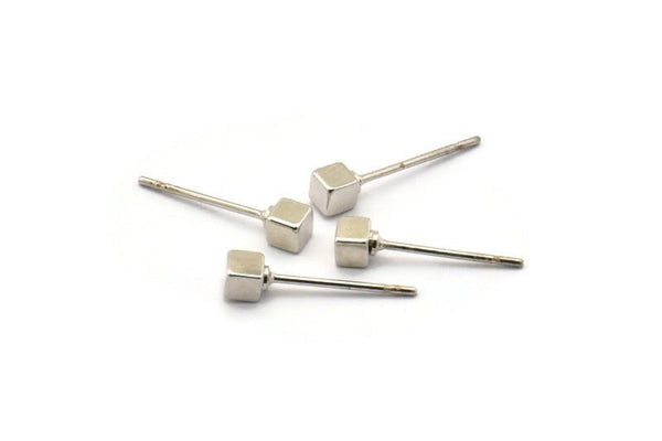 Silver Cube Earring, 8 Silver Tone Brass Cube Stud Earrings (3x3mm) D147 A1283