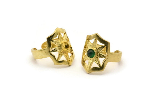 Brass Star Ring, 2 Raw Brass Ethnic Star Rings With 1 Stone Settings - Pad Size 4mm N1852
