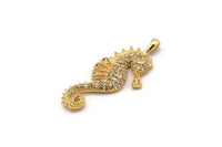 Gold Sea Horse Charm, Gold Plated Sea Horse, Cubic Zircon, CZ Pave Sea Horse Charm, Zircon Charm Pendants (15x34mm) SY0090