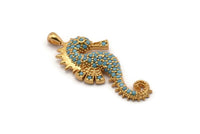 Gold Sea Horse Charm, Gold Plated Sea Horse, Cubic Zircon, CZ Pave Sea Horse Charm, Zircon Charm Pendants (15x34mm) SY0090