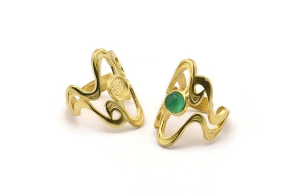 Brass Boho Ring, 2 Raw Brass Boho Ring With 1 Stone Settings - Pad Size 6mm N1809