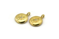 Brass Round Charm, 4 Raw Brass Round Charms With Cubic Zircon And 1 Loop, CZ Pave Circle Charm, Pendants, Earring Findings (16x13x2mm) N1800