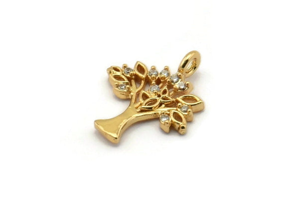 Gold Tree Charm, Gold Plated Tree, Cubic Zircon, 2 CZ Pave Tree Charms, Zircon Charm Pendants With 1 Loop (16x13mm) SY0105