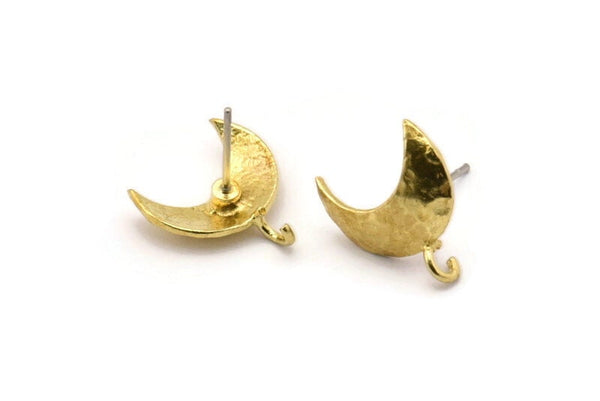 Brass Earring Post, 8 Raw Brass Moon Earring Posts With 1 Loop (14x15mm) BS 2439