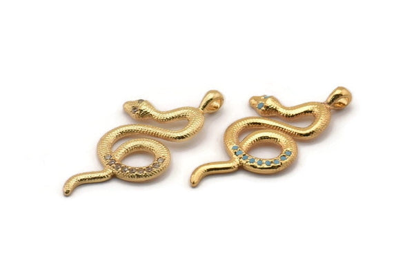 Gold Snake Charm, Gold Plated Snake, Cubic Zircon, CZ Pave Snake Charm, Zircon Charm Pendants (30x14mm) SY0234