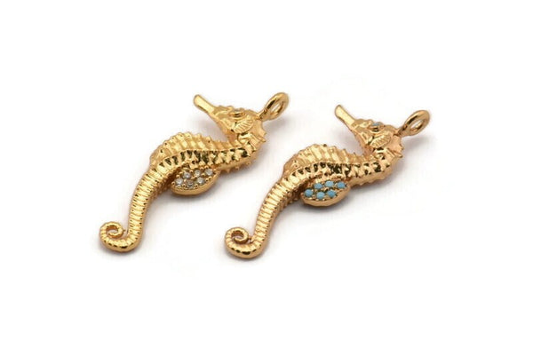 Gold Sea Horse Charm, Gold Plated Sea Horse, Cubic Zircon, CZ Pave Sea Horse Charm, Zircon Charm Pendants (31x11mm) SY0223