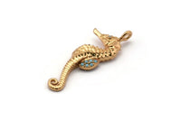 Gold Sea Horse Charm, Gold Plated Sea Horse, Cubic Zircon, CZ Pave Sea Horse Charm, Zircon Charm Pendants (31x11mm) SY0223