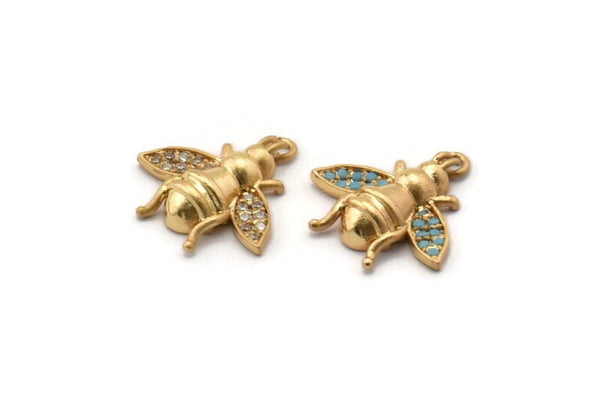 Gold Bee Charm, Gold Plated Bee, Cubic Zircon, 2 CZ Pave Bee Charms, Zircon Charm Pendants With 1 Loop (16x16mm) SY0238