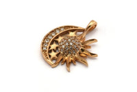 Gold Crescent Charm, Gold Plated Sun, Cubic Zircon, CZ Pave Crescent And Sun Charm, Zircon Charm Pendants With 1 Loop (21x17mm) SY0224
