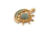 Gold Crescent Charm, Gold Plated Sun, Cubic Zircon, CZ Pave Crescent And Sun Charm, Zircon Charm Pendants With 1 Loop (21x17mm) SY0224
