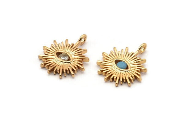 Gold Eye Charm, Gold Plated Eye, Cubic Zircon, CZ Pave Eye Charm, 2 Zircon Sun Shaped Eye Pendants With 1 Loop (18x15mm) SY0222