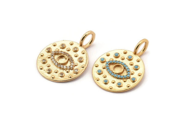 Gold Eye Charm, Gold Plated Eye, Cubic Zircon, CZ Pave Eye Charm, 2 Zircon Round Shaped Eye Pendants With 1 Pad And 1 Loop (27x20mm) SY0229