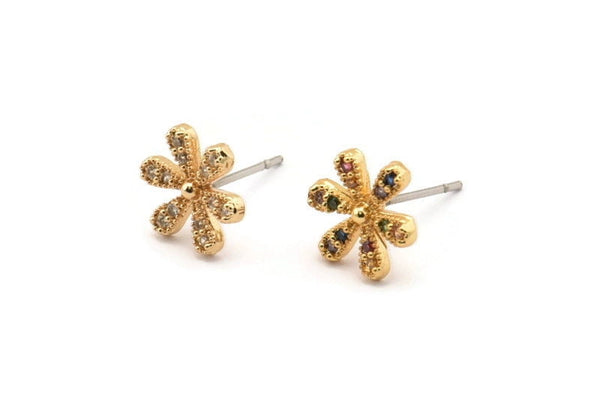 Gold Flower Earring, 4 Gold Plated Brass Flower Stud Earrings, CZ Pave Earrings, Zircon Flower Stud Earrings (10x9mm) SY0249