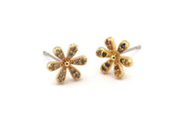 Gold Flower Earring, 4 Gold Plated Brass Flower Stud Earrings, CZ Pave Earrings, Zircon Flower Stud Earrings (10x9mm) SY0249