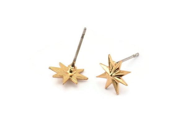 Brass Pole Star Earring, 8 Raw Brass Tiny Pole Star Stud Earrings (10x9mm) SY0269