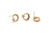 Gold Moon Earring, 4 Gold Plated Brass Crescent Moon And Star Stud Earrings, CZ Pave, Zircon Earrings (9x12mm) SY0252