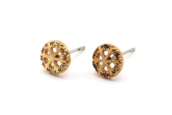 Gold Snowflake Earring, 4 Gold Plated Brass Round Shaped Snowflake Stud Earrings, CZ Pave, Zircon Snowflake Stud Earrings (8mm) SY0270
