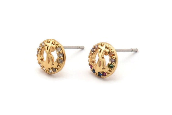 Gold Anchor Earring, 4 Gold Plated Brass Round Shaped Anchor Stud Earrings, CZ Pave, Zircon Anchor Stud Earrings (8mm) SY0277