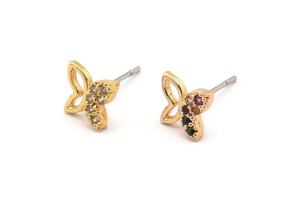 Gold Butterfly Earring, 4 Gold Plated Brass Butterfly Stud Earrings, CZ Pave Earrings, Zircon Butterfly Stud Earrings (7x8mm) SY0250