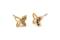 Gold Butterfly Earring, 4 Gold Plated Brass Butterfly Stud Earrings, CZ Pave Earrings, Zircon Butterfly Stud Earrings (7x8mm) SY0250