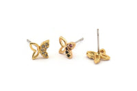 Gold Butterfly Earring, 4 Gold Plated Brass Butterfly Stud Earrings, CZ Pave Earrings, Zircon Butterfly Stud Earrings (7x8mm) SY0250
