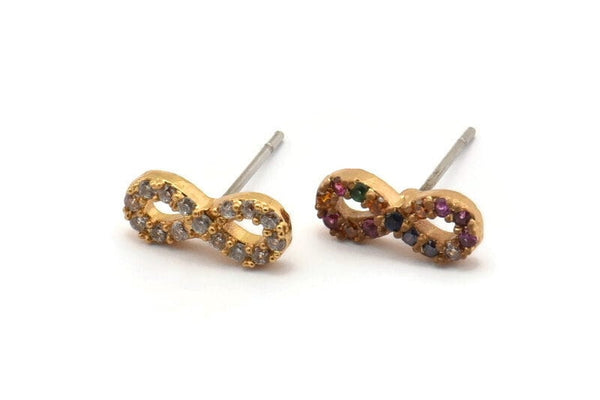 Gold Infinity Earring, 4 Gold Plated Brass Infinity Shaped Stud Earrings, CZ Pave Earrings, Zircon Infinity Stud Earrings (11x5mm) SY0257