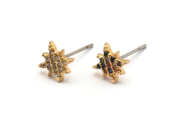 Gold Pole Star Earring, 4 Gold Plated Brass Lodestar Shaped Stud Earrings, CZ Pave Earrings, Zircon North Star Stud Earrings (9x7mm) SY0259