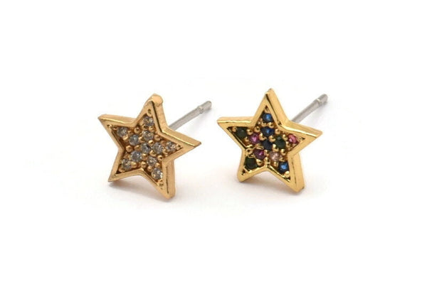 Gold Star Earring, 4 Gold Plated Brass Star Shaped Stud Earrings, CZ Pave Earrings, Zircon Star Stud Earrings (9x9mm) SY0260