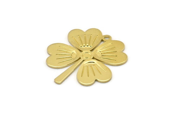 Brass Leaf Charm, 6 Raw Brass Four Leaf Clover Charms With 1 Hole, Charm Earrings (27x25x0.80mm) M02861