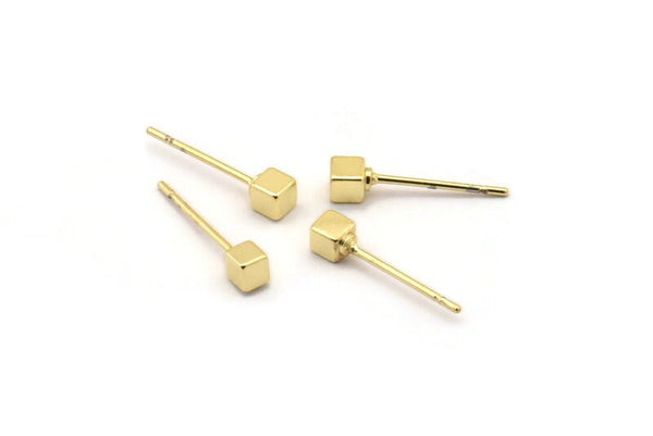 Gold Square Cube Earring, 10 Gold Plated Brass Cube Stud Earrings (3x3mm) D147 A1283