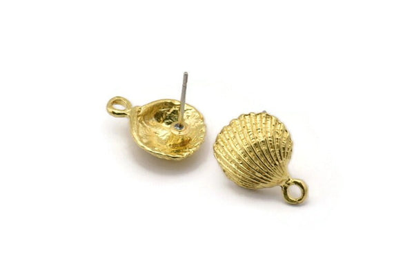 Brass Shell Earring, 4 Raw Brass Sea Shell Stud Earrings With 1 Loop, Findings (12x16mm) N0941