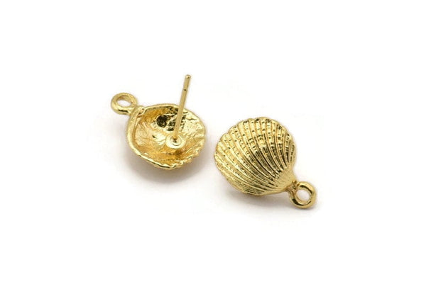 Gold Shell Earring, 2 Gold Plated Brass Sea Shell Stud Earrings With 1 Loop, Findings (12x16mm) N0941