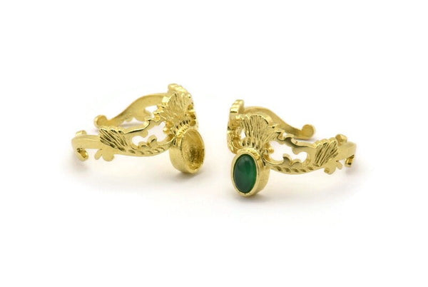 Brass Ethnic Ring, 2 Raw Brass Ethnic Rings With 1 Stone Settings - Pad Size 6x4mm N1857