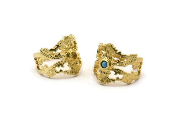 Brass Royal Ring, 2 Raw Brass Royal Rings With 1 Stone Settings - Pad Size 3mm N1844