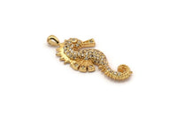 Gold Sea Horse Charm, Gold Plated Sea Horse, Cubic Zircon, CZ Pave Sea Horse Charm, Zircon Charm Pendants (15x34mm) SY0090