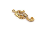 Gold Sea Horse Charm, Gold Plated Sea Horse, Cubic Zircon, CZ Pave Sea Horse Charm, Zircon Charm Pendants (15x34mm) SY0090