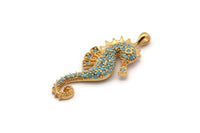Gold Sea Horse Charm, Gold Plated Sea Horse, Cubic Zircon, CZ Pave Sea Horse Charm, Zircon Charm Pendants (15x34mm) SY0090