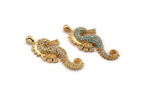 Gold Sea Horse Charm, Gold Plated Sea Horse, Cubic Zircon, CZ Pave Sea Horse Charm, Zircon Charm Pendants (15x34mm) SY0090