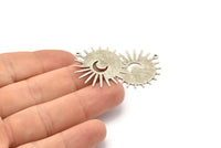 Silver Sun Charm, 4 Textured Antique Silver Plated Brass Sun And Crescent Charms With 1 Loop, Findings (29x28x0.80mm) M02008