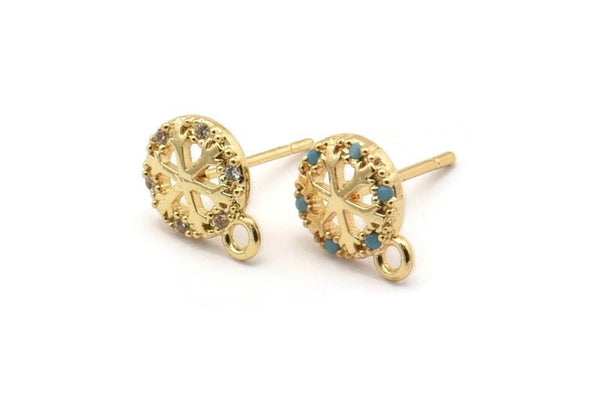 Gold Snowflake Earring, 4 Gold Plated Brass Round Shaped Snowflake Stud Earrings With 1 Loop, CZ Pave, Zircon Stud Earrings (10x8mm) SY0201
